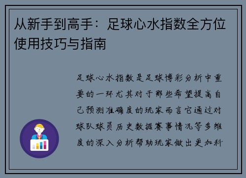 从新手到高手：足球心水指数全方位使用技巧与指南